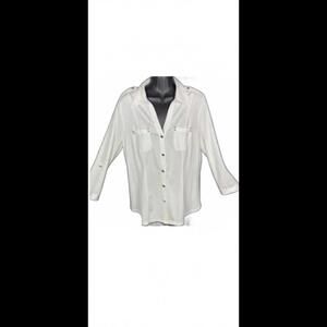 NWOT Cache Long Convertible Sleeve Ivory Silver Button Up Blouse Sz L